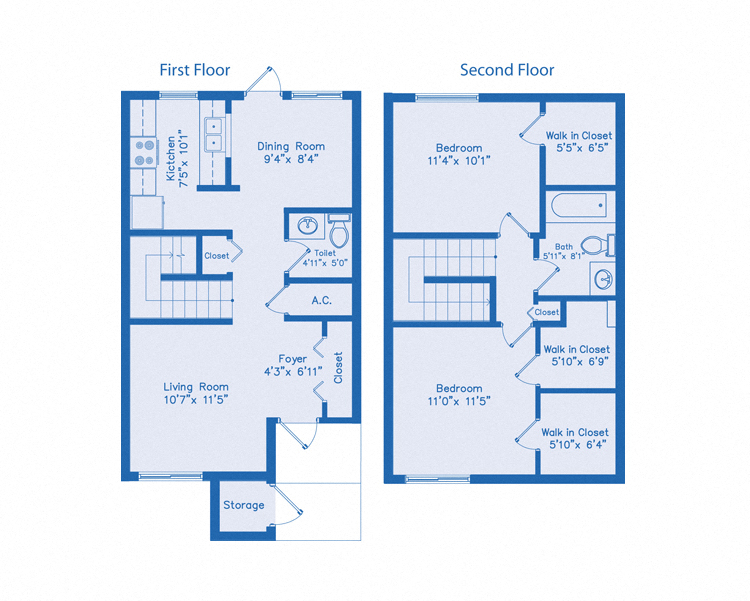Floor plan for 2 beds, 1.5 baths, 1038 sqft